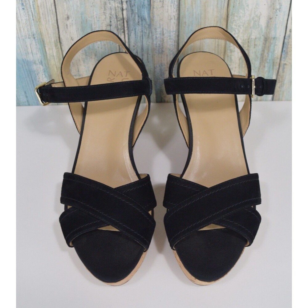 Naturalizer Zia Ankle Strap Cork Wedges Size 8.5 Black Suede - Picture 3 of 10